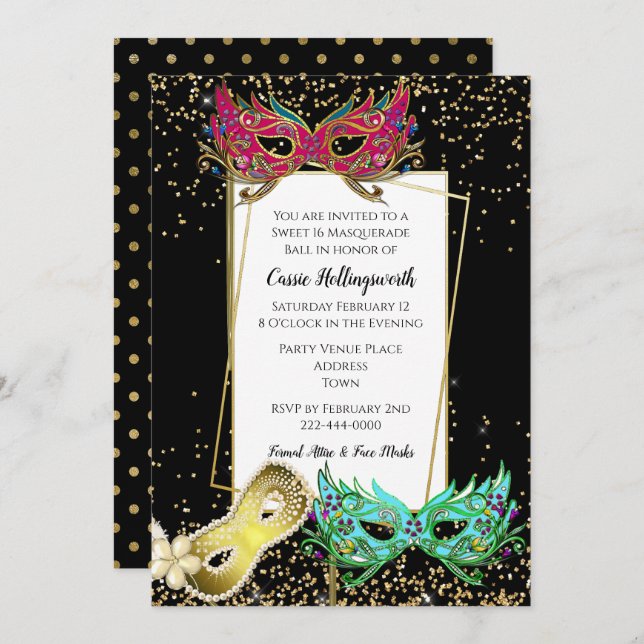 Festive Sweet 16 Masquerade Ball Invitation (Front/Back)