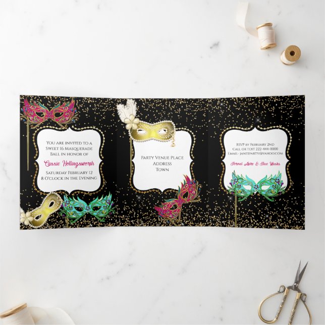 Festive Sweet 16 Masquerade Ball  Tri-Fold Announcement (Inside)