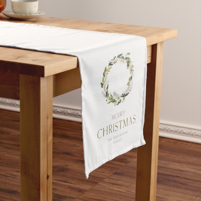 Festive Table Runner with Watercolor Wreath Design (In Situ)