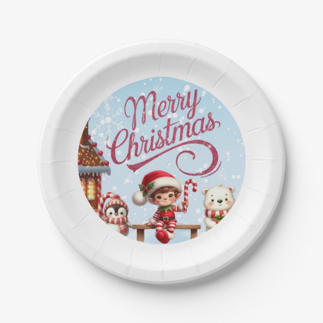 Festive Tableware I Elf, Penguin, and Polar Bear Paper Plate (Front)