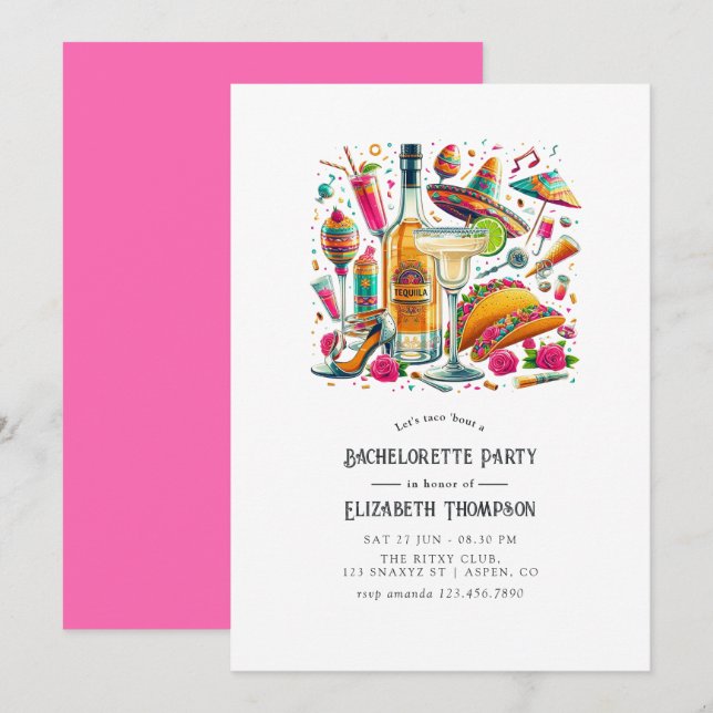 Festive Tacos & Tequila Fiesta Bachelorette Bash Invitation (Front/Back)