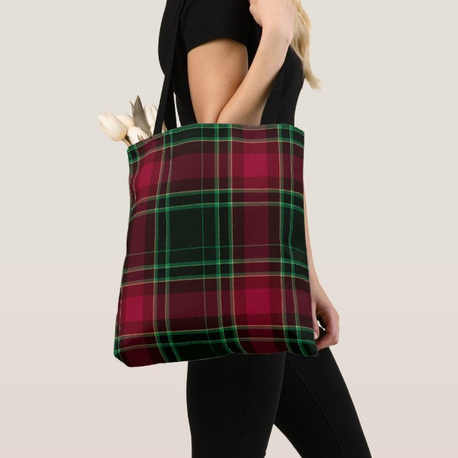 Festive Tartan in Raspberry and Green  Tote Bag (Close Up)