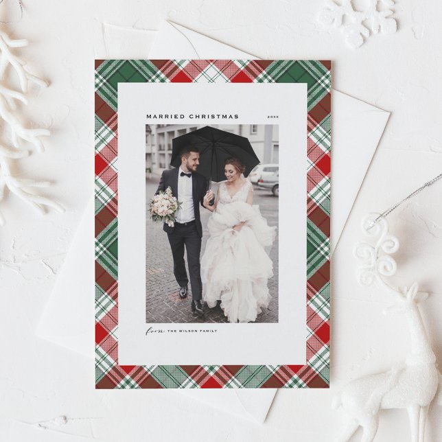 Festive  Tartan Pattern Married Christmas Photo Holiday Card (Festive Green and Red Tartan Pattern Married Christmas Photo Holiday Card)