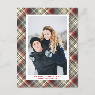 Festive Tartan red Gray Married Christmas Photo Holiday Postcard