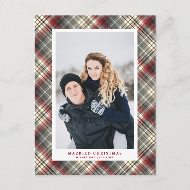 Festive Tartan red Gray Married Christmas Photo Holiday Postcard (Front)