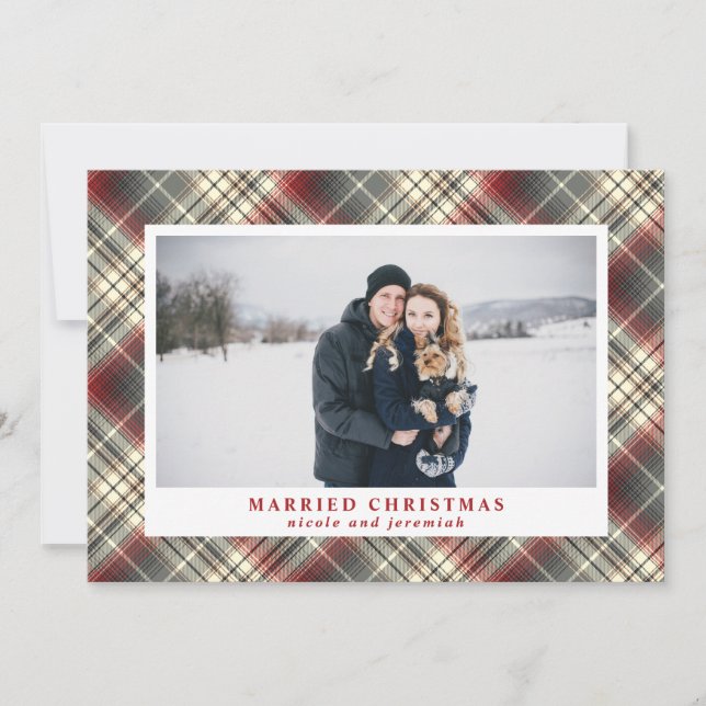 Festive  Tartan red Grey Married Christmas Photo Holiday Card (Front)