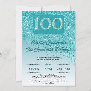 Festive Teal Blue Glitter 100th Birthday Invitation