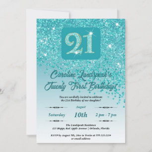 Festive Teal Blue Glitter 21st Birthday Invitation
