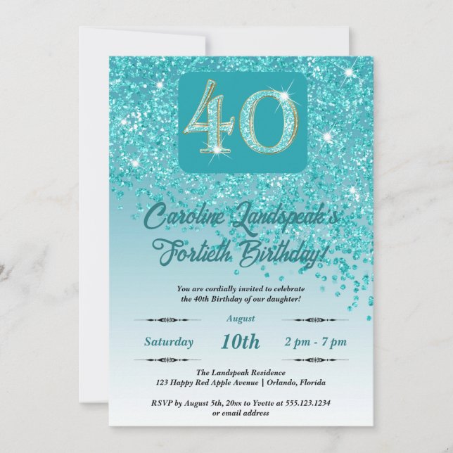 Festive Teal Blue Glitter 40th Birthday Invitation (Front)