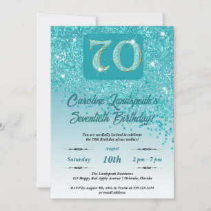 Festive Teal Blue Glitter 70th Birthday Invitation