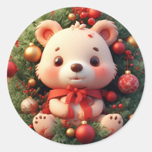 Festive Teddy Bear With Gifts and Christmas Tree Classic Round Sticker