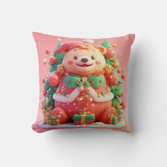 Festive Teddy Bear With Gifts and Christmas Tree Cushion (Front)
