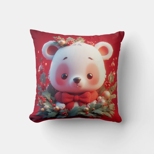 Festive Teddy Bear With Gifts and Christmas Tree Cushion (Front)