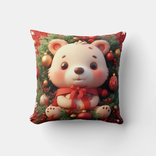 Festive Teddy Bear With Gifts and Christmas Tree Cushion (Front)