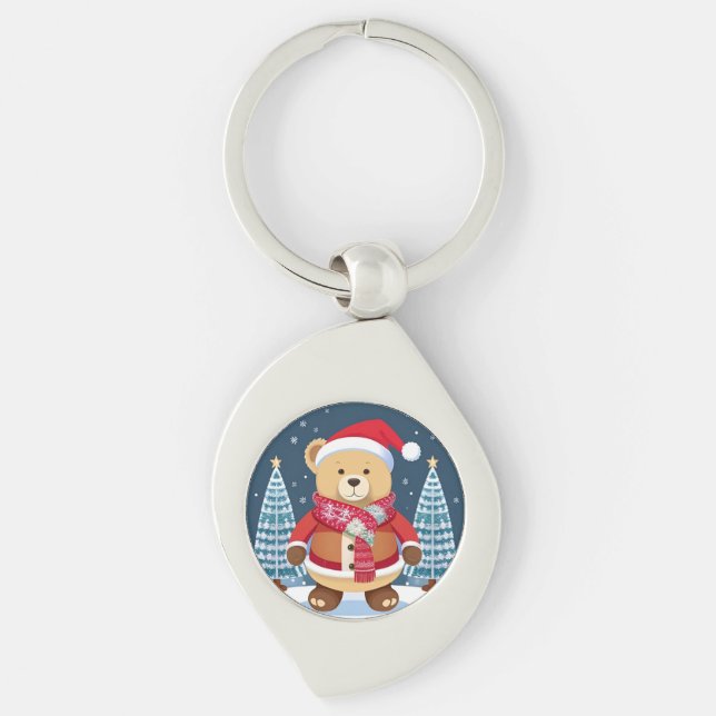 Festive Teddy Bear With Santa Hat Key Ring (Front)