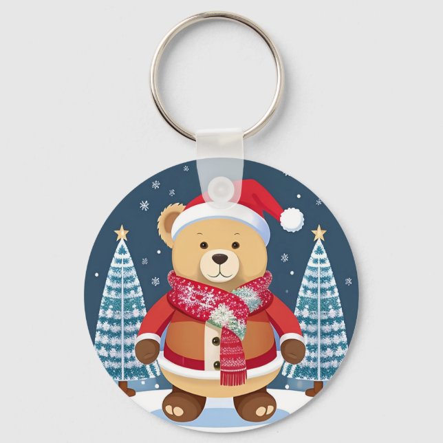 Festive Teddy Bear With Santa Hat Key Ring (Front)