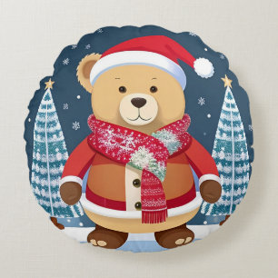 Festive Teddy Bear With Santa Hat Round Cushion