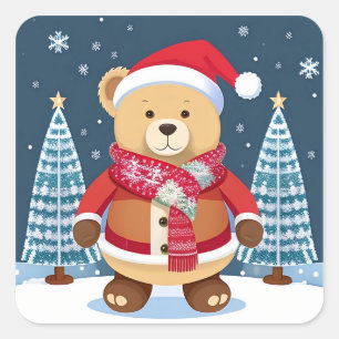 Festive Teddy Bear With Santa Hat Square Sticker