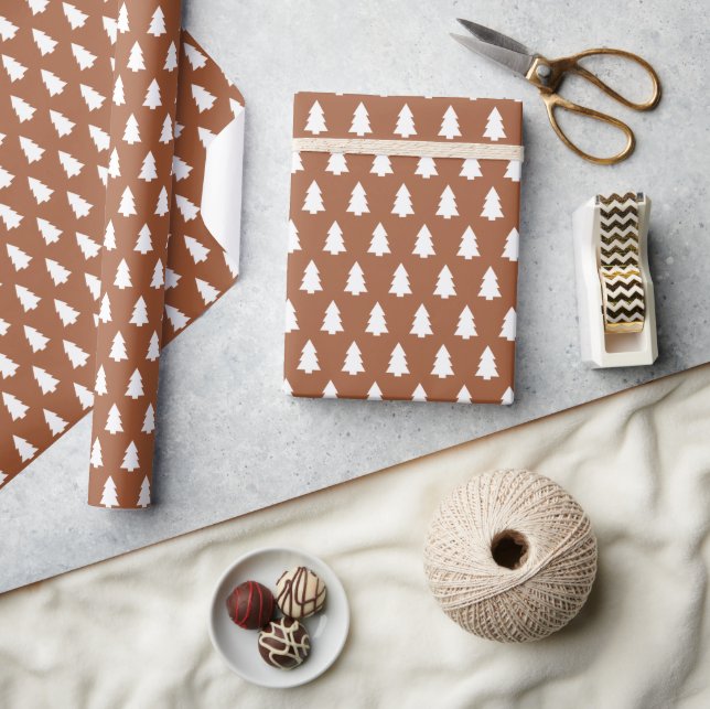 Festive TerraCotta White Christmas Tree pattern Wrapping Paper (Crafts)