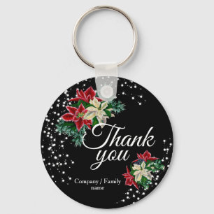 Festive Thank You Floral Poinsettia Black Key Ring
