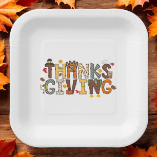 Festive Thanksgiving Feast Turkey Football Leaves  Paper Plate