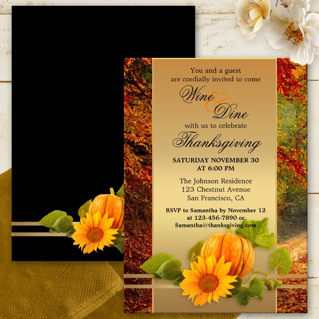 Festive Thanksgiving or Fall Dinner Party  Invitation (Festive Thanksgiving or Fall Celebration dinner party invitation featuring a pumpkin and sunflower )