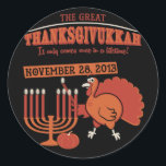 Festive 'Thanksgivukkah' Classic Round Sticker<br><div class="desc">Celebrate Hanukkah on Thanksgiving,  or Thanksgivukkah,  with these festive items! Great way to celebrate this special occasion. Also,  keep your eyes out for more designs with the Thanksgivukkah turkey.</div>