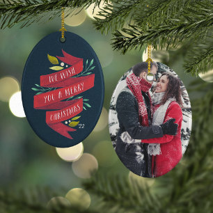 Festive Tidings Rustic Holiday Photo Ceramic Ornament