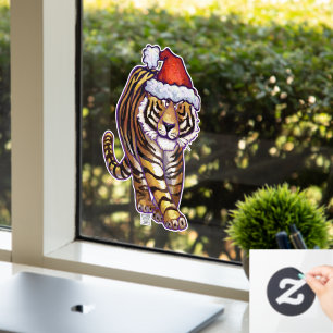 Festive Tiger in a Santa Hat Window Cling