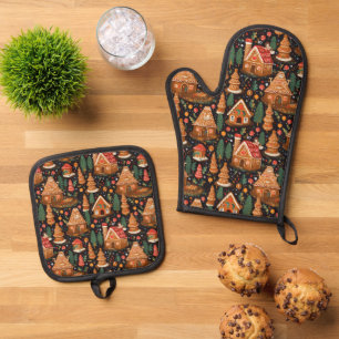 Festive tiled gingerbread cookies pattern oven mitt & pot holder set