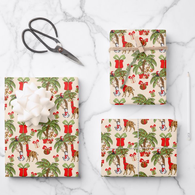 Festive tiled Jungle animals party Christmas  Wrapping Paper Sheet (Front)