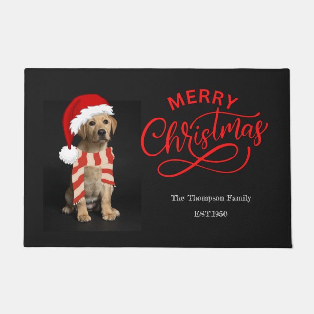 Festive traditional Christmas black lap labrador Doormat (Front)