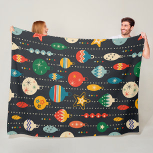 Festive traditional watercolor ornaments navy blue fleece blanket