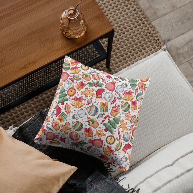 Festive traditional watercolor pattern Xmas Santa  Cushion (Merry Christmas and happy new year Santa ho ho ho)