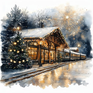 Festive Train Station with Fireworks and New Year  Holiday Card