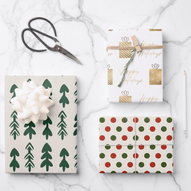 Festive Tree Gifts Dots Seamless Pattern Holiday Wrapping Paper Sheet (Front)