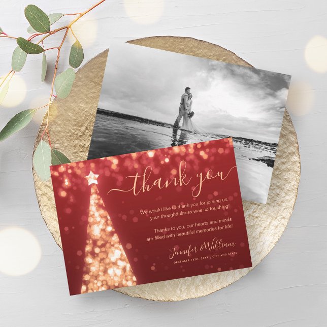 Festive Tree Gold Red Wedding Photo Thank You  Invitation (Festive Tree Gold Red Wedding Photo Thank You Invitation)