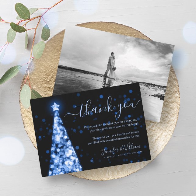 Festive Tree Navy Blue Wedding Photo Thank You  Invitation (Festive Tree Navy Blue Wedding Photo Thank You Invitation)