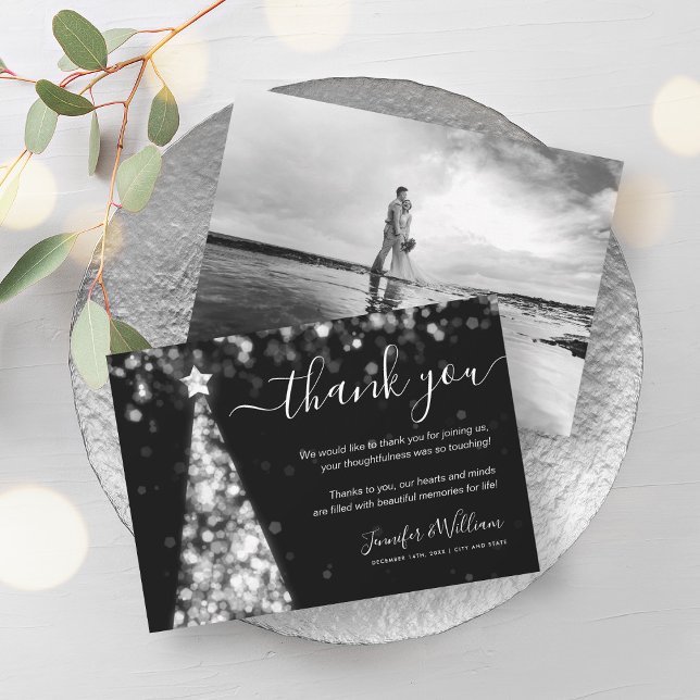 Festive Tree Silver Wedding Photo Thank You  Invitation (Festive Tree Silver Wedding Photo Thank You Invitation)