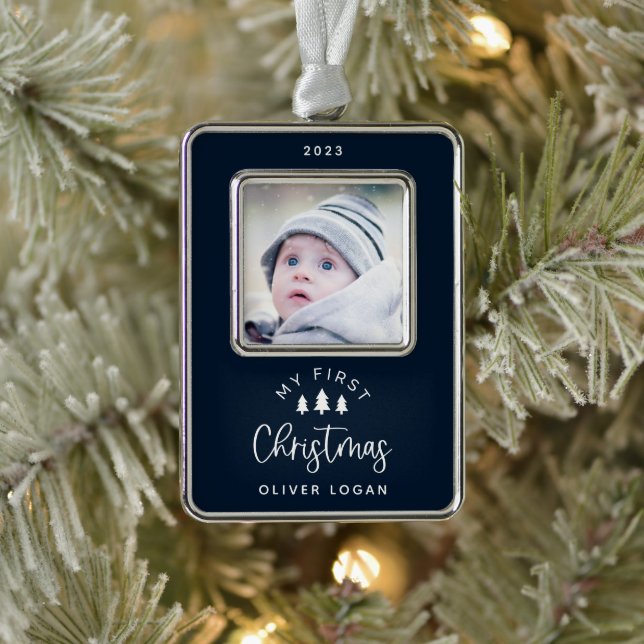Festive Trees First Christmas Photo Silver Plated Framed Ornament (Tree)