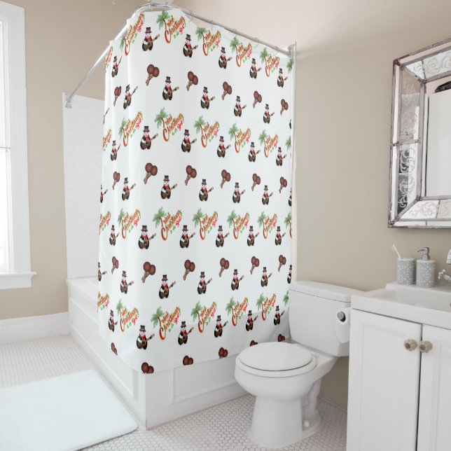 FESTIVE Trini Christmas on WHITE Shower Curtain (In Situ)