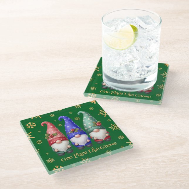 Festive Trio of Christmas Gnomes with Snowflakes Glass Coaster (Angled)