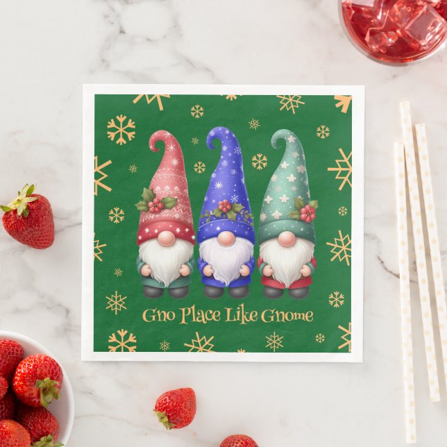 Festive Trio of Christmas Gnomes with Snowflakes Napkin (Insitu)