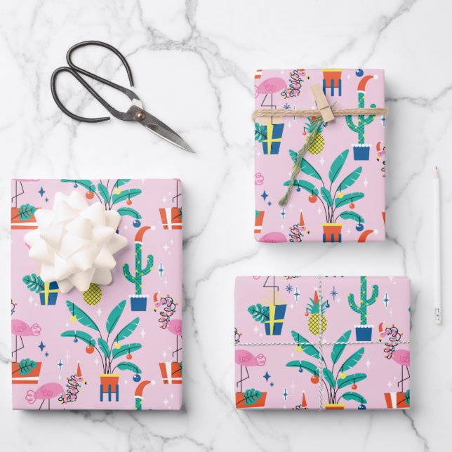 Festive Tropical Christmas Pattern Wrapping Paper Sheet (Front)