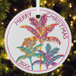 Festive Tropical Palm Trees Christmas Glass Tree Decoration<br><div class="desc">Celebrate the season with this festive tropical palm trees Christmas ornament that brings a vibrant twist to your decor. Featuring a colourful palm trees illustration in pink, orange, blue, green, and purple hues with pink script text, this design captures the joy of a tropical holiday. Perfect for holiday decorators or...</div>