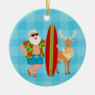 Festive Tropics Hawaiian Holiday Santa Surf Ceramic Ornament