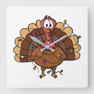 Festive Turkey with String Lights Square Wall Clock