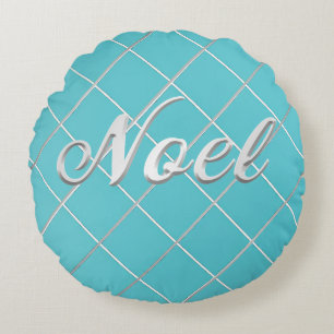 Festive Turquoise Blue & Silver 'Noel' Decorative Round Cushion