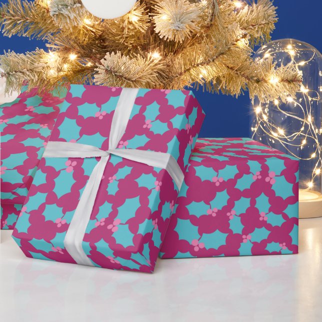 Festive Turquoise & Pink Mistletoe Christmas Gift Wrapping Paper (Holidays)