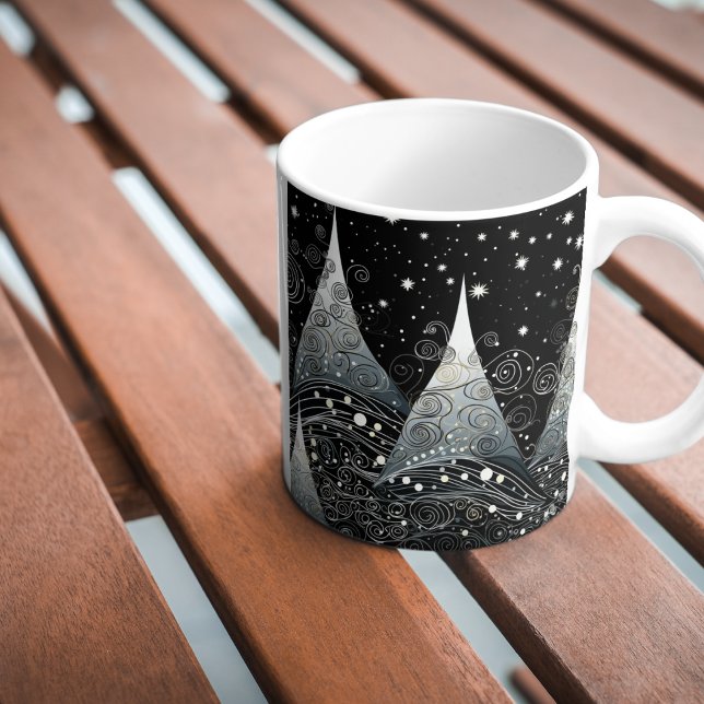 Festive Twilight Christmas Trees Coffee Mug (Festive twilight Christmas and holiday trees in black and white  with stars coffee mug. )